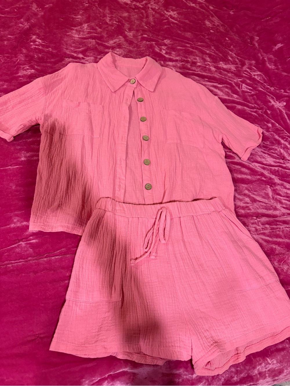 SHEIN Pink Button-Front Shirt & Drawstring Shorts Set